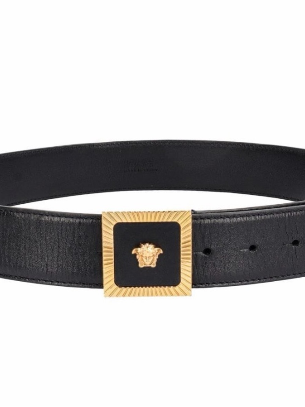 Versace Black Leather Belt with Gold Square Medusa Buckle